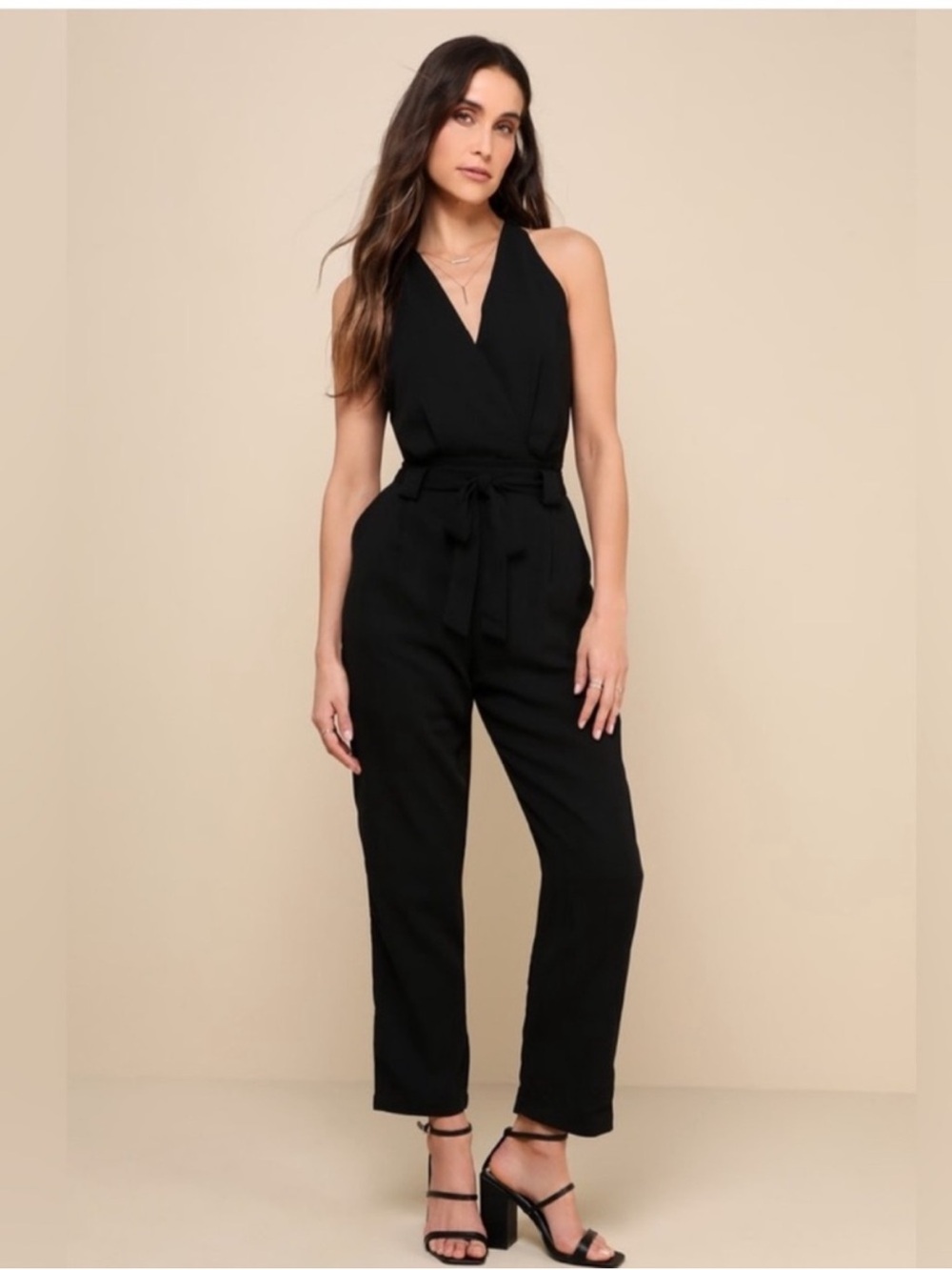 Lulus In the City Black Surplice Sleeveless Jumpsuit